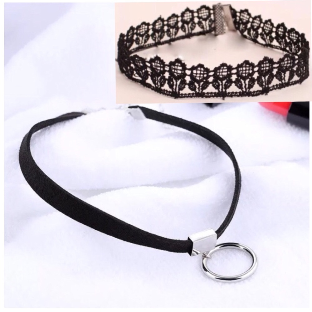 2 Black Choker Necklace Bundle Lot Set Sexy Ring Flower Lace Choker Necklaces